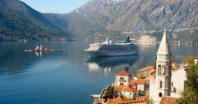 an arcadia cruise ship sailing in the Bay of Kotor